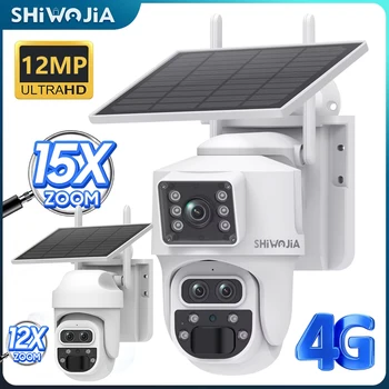 SHIWOJIA 12MP 6K 15X Zoom Solar Camera 4G Dual Screen Outdoor Three Lens 7800mAh Battery Camera PIR Detection Auto Tracking CCTV 1