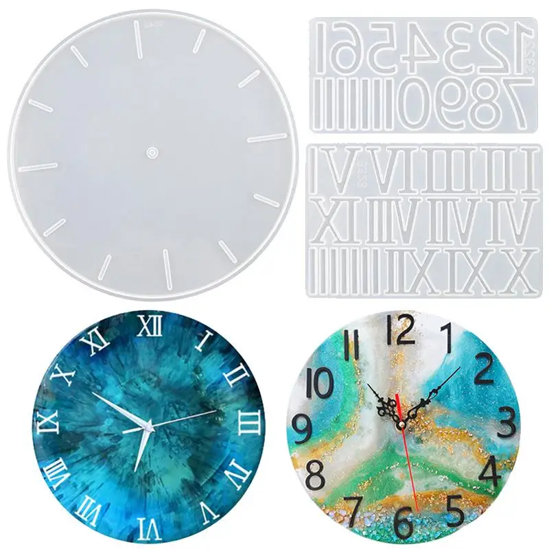 Round Clock Epoxy Resin Silicone Mold Arabic Roman Numbers Flower Leaf Clock Mould Wall Decor DIY Resin Crafts Casting Mold