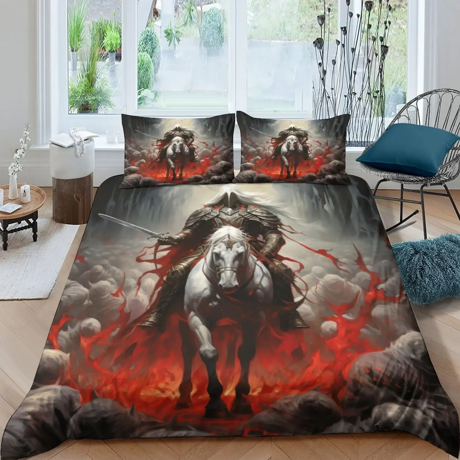 Medieval Duvet Cover Set, Medieval Knight Holding an Aged Old Shield Historical Theme Digital Print bedding set