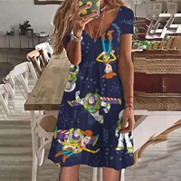 Ladies Clothing Casual Simple Dress Print Disney Toy Story Buzz Lightyear V Neck Short Sleeve Summer Ladies Plus Size Top Skirt 1