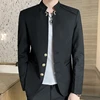 2023 Spring New Men's Fashion Button Decorative Blazer Coat Chinese Style Slim Fit Stand Collar Solid Color Suit Jacket 1