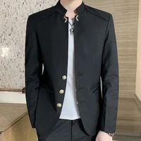 2023 Spring New Men's Fashion Button Decorative Blazer Coat Chinese Style Slim Fit Stand Collar Solid Color Suit Jacket 1