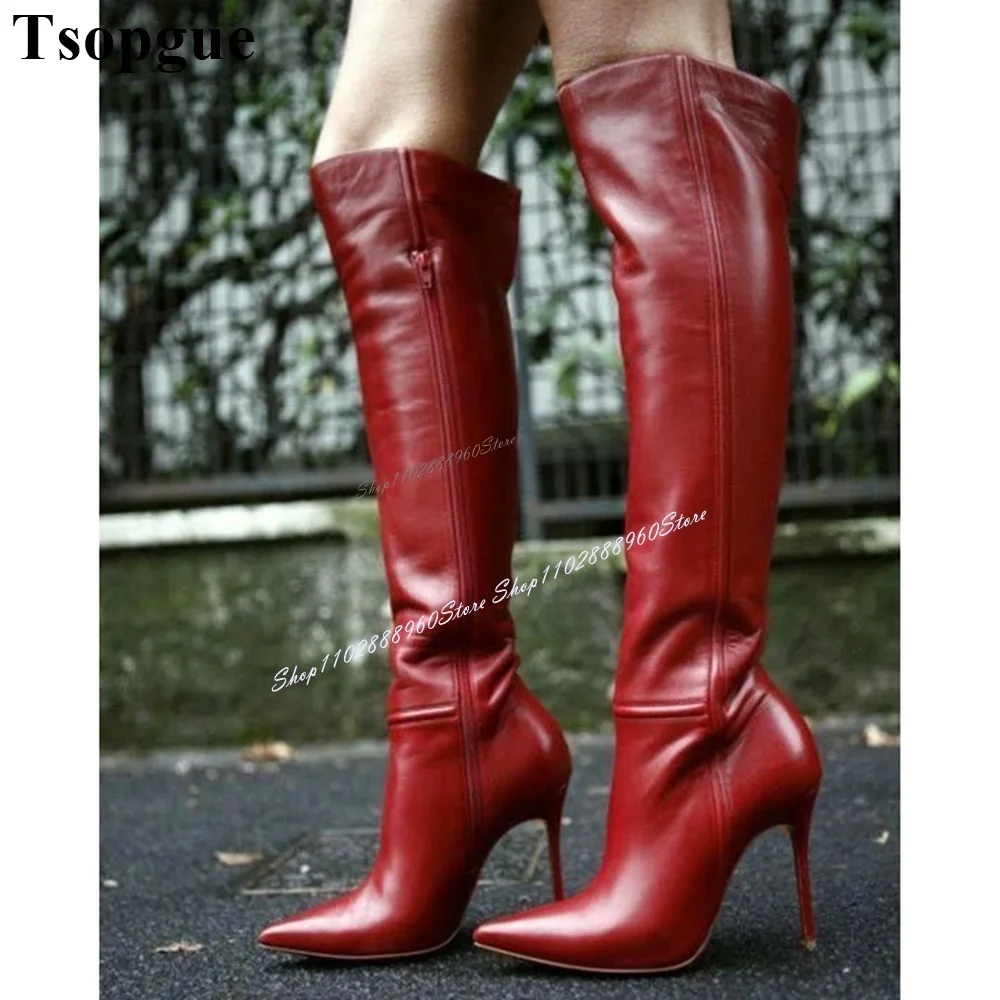 

Western Knee High Red Matte Leather Casual Boots Thin High Heel Women Shoes Side Zipper Pointed Toe 2024 Zapatos Para Mujere