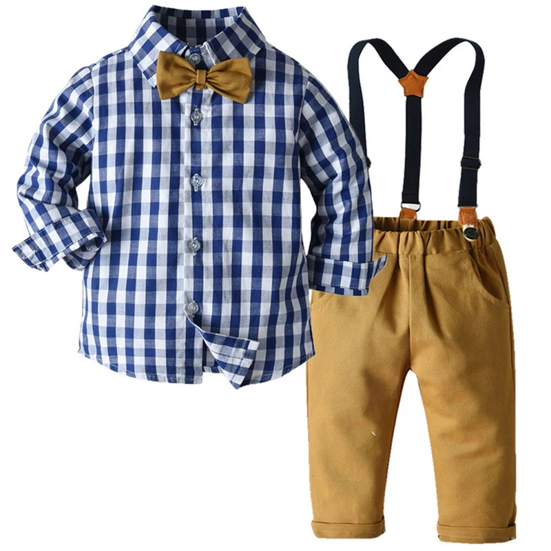 

2Piece 2023 Spring Baby Clothes Toddler Boy Outfits Fashion Casual Plaid Gentleman Tie T-shirt+Pants Kids Clothing Set BC355