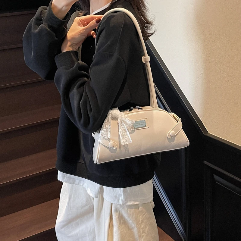 Women Small Underarm Bag PU Leather Bow Leisure Armpit Handbag Solid Color Travel Underarm Handbag Girls Outdoor Daily Bag