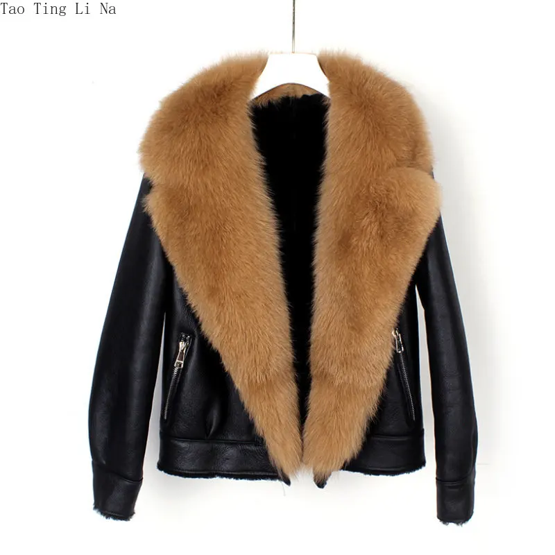 2023 Women New Quality Leather with Fur Genuine Fox Fur Collar Sheep Leather Motorcycle Coat H4