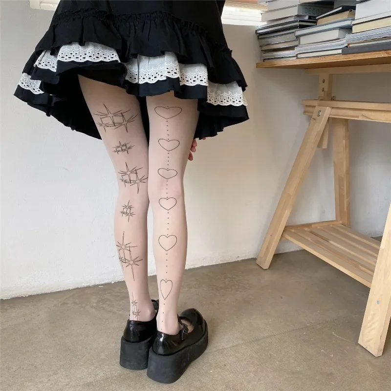 Description Picture 2 of itemJapanese Kawaii Lolita Tights Star Heart Printing Tattoo Thigh High Stockings Pantyhose Women Sweet Girls White Tights Women