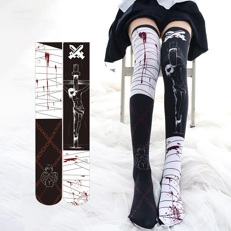 Gotycki krzyż skarpetki Lolita z nadrukiem dla kobiet dziewczyna Punk Velvet na kolano Cosplay Anime zakolanówki Halloween pończochy