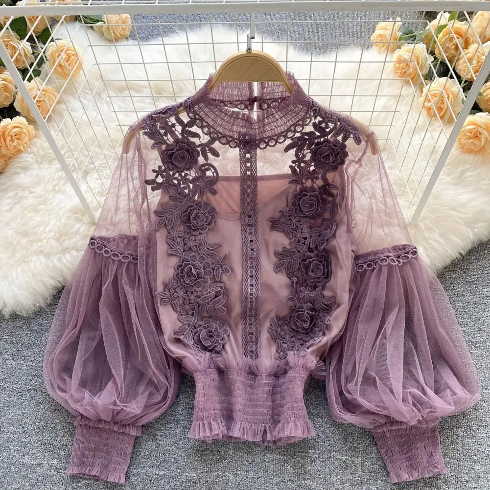 

Solid Color Lady Top Lightweight Shirt Chic Floral Mesh Blouses Elegant Lantern Sleeves Lace Elastic Cuffs for Women's Party