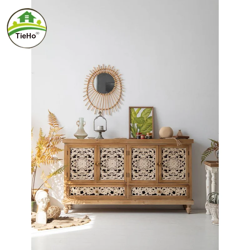 

American Vintage Sideboard Cabinet Solid Wood Storage Shelves With Painting Decoration European Retro Kitchen Cupboard Furniture