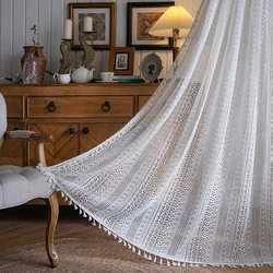White Tulle Bohemian Curtain with Tassels, French Lace, Window Drapes, Boho Home Decor, Living Room and Bedroom