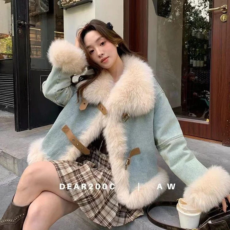 Winter Thicken Fur Denim Jacket Womens Warm Jean Jacket Stand