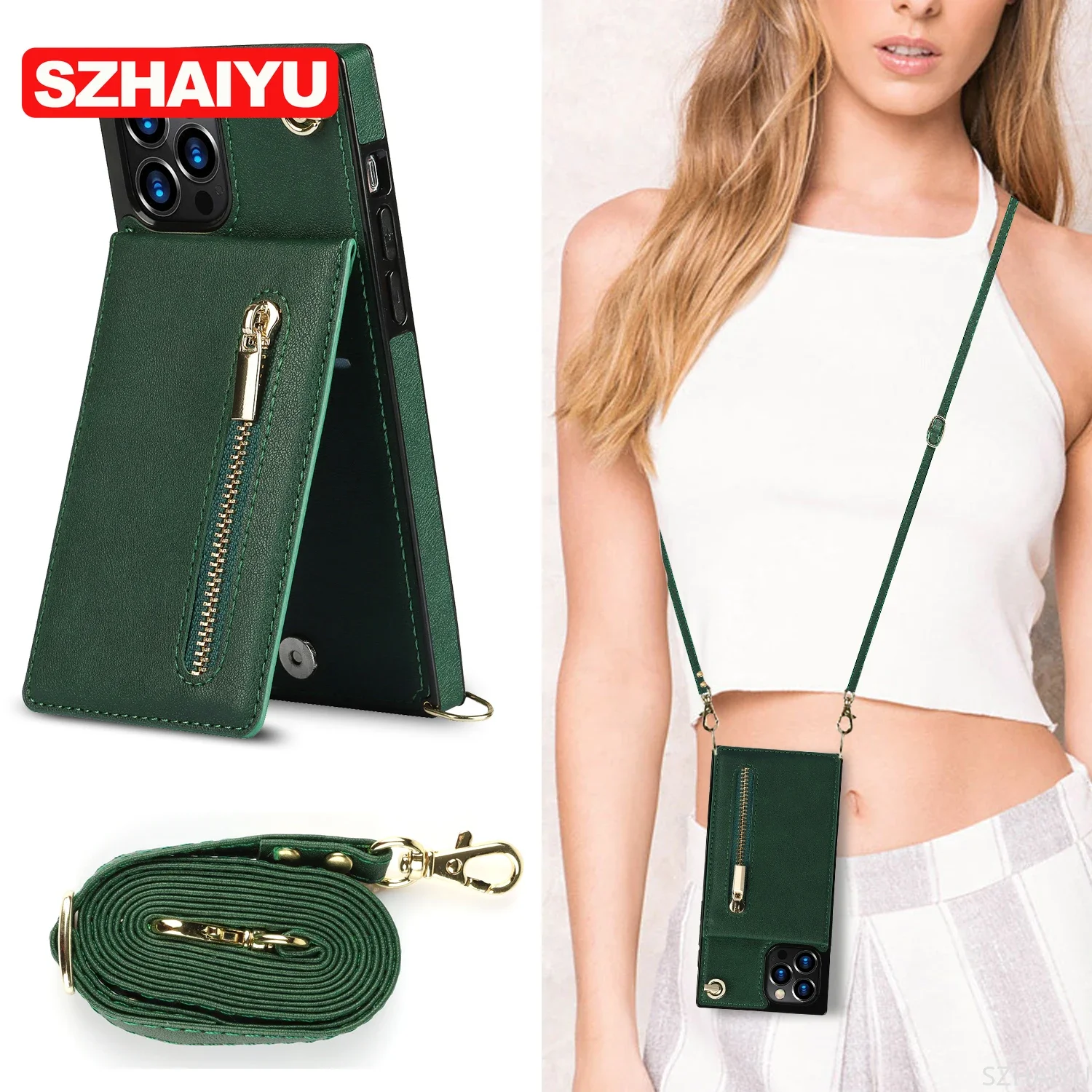 Leather Crossbody Zipper Wallet with Card Holder and Lanyard Strap