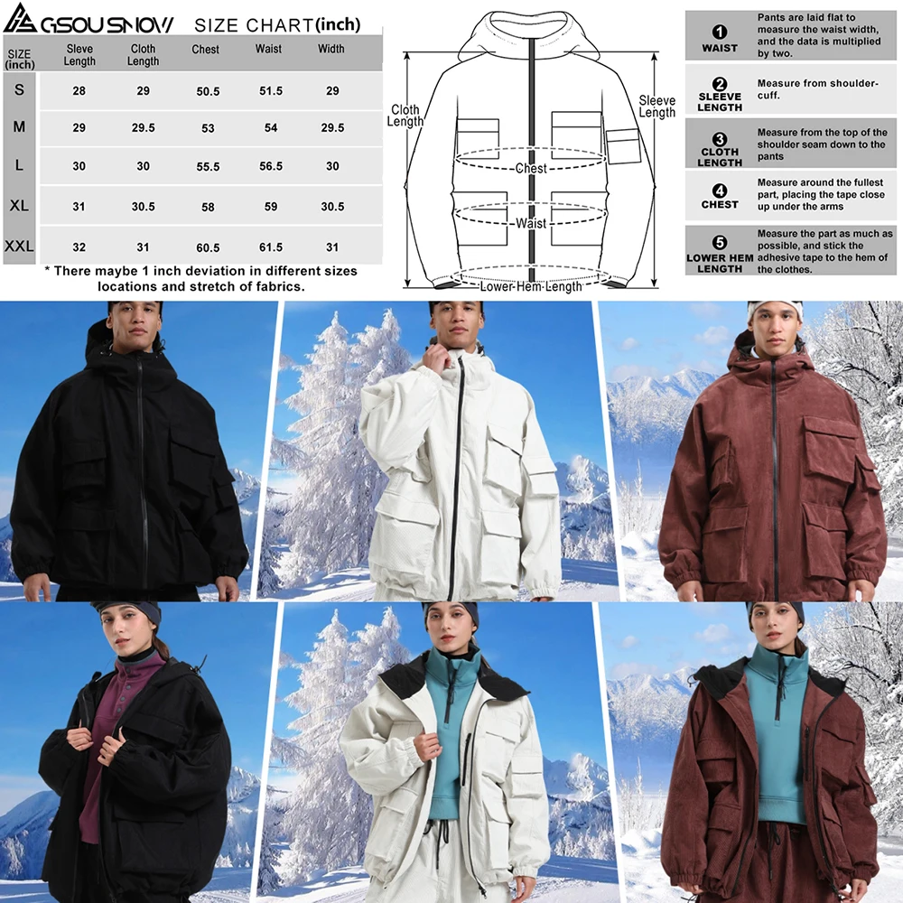GSOU SNOW Mens Baggy Snowfield Tops Women Warm Windproof Skiing Clothes Multi-Pockets Workwear Jackets Outdoor Waterproof