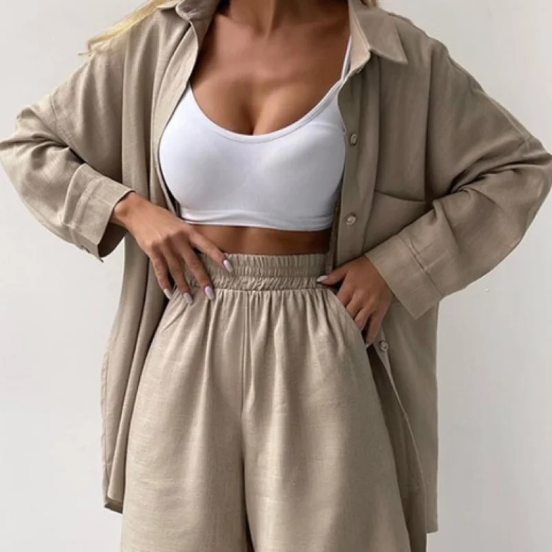 Monochrome Long Sleeve Shirt Set, Single Breasted, Loose Fashion, Casual Shorts, Europe and America, Spring, New, 2024