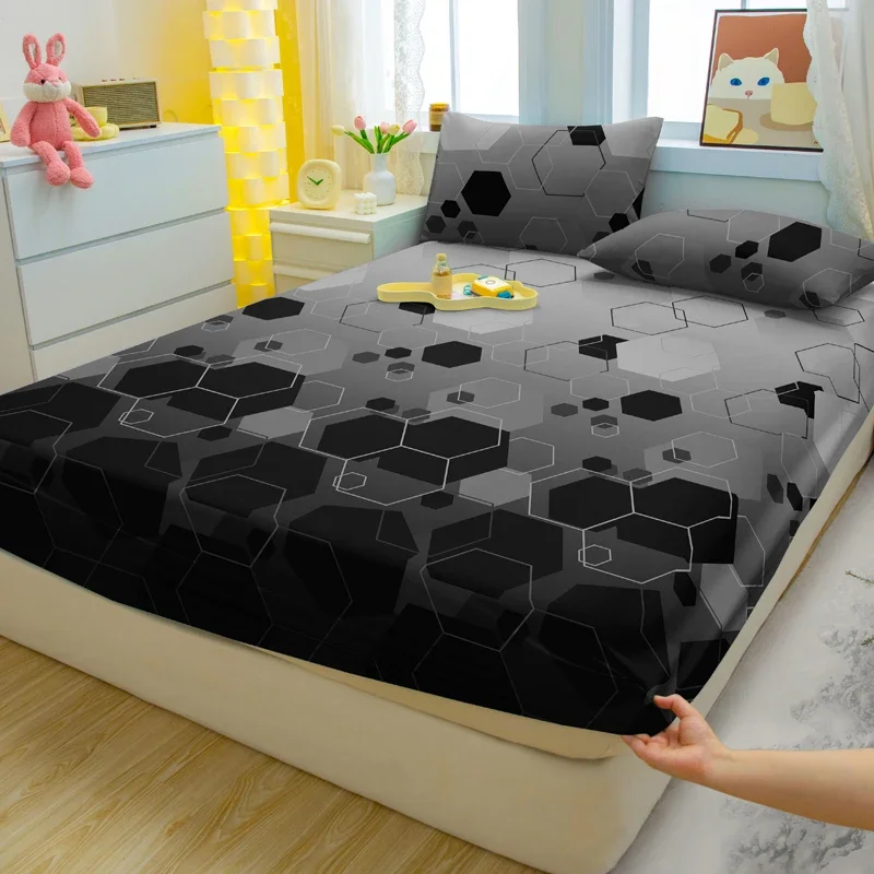 Set lenzuola con angoli in tre pezzi opache con motivo geometrico semplice e moderno da 3 pezzi, set copri letto stampato per camera da letto, biancheria da letto 3