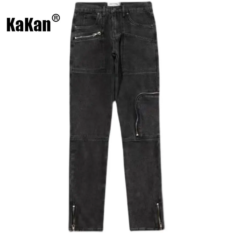 Kakan Hip Hop Multi Pocket Straight Leg Jeans, High Street Side Zipper Split Wash Black Pants Jeans K027-g50-90
