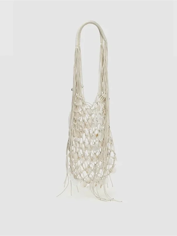 Handmade Shell Bag Woven Bucket Tassel Embroidery Hobo Shoulder Wooden Handle Handbag Evening Clutch Bag