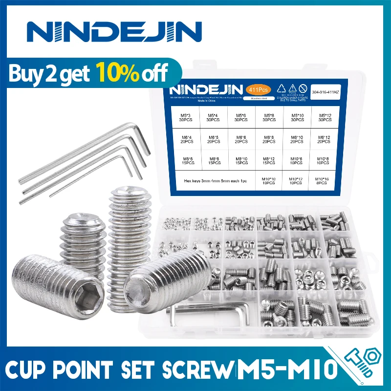 Nindejin-hex Soquete Grub Screw Kit Cup Ponto Conjunto sem Cabeça Kit de Sortimento Parafuso M2-m10 411 Pcs 1084 Pcs Aço Inoxidável