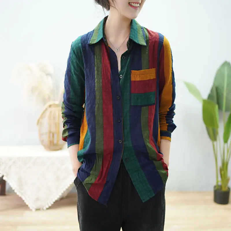 

Casual Women's Long Sleeve Striped Printed Loose Oversized Vintage Temperament Summer Women's Clothing Thin Commute Tops Shirt