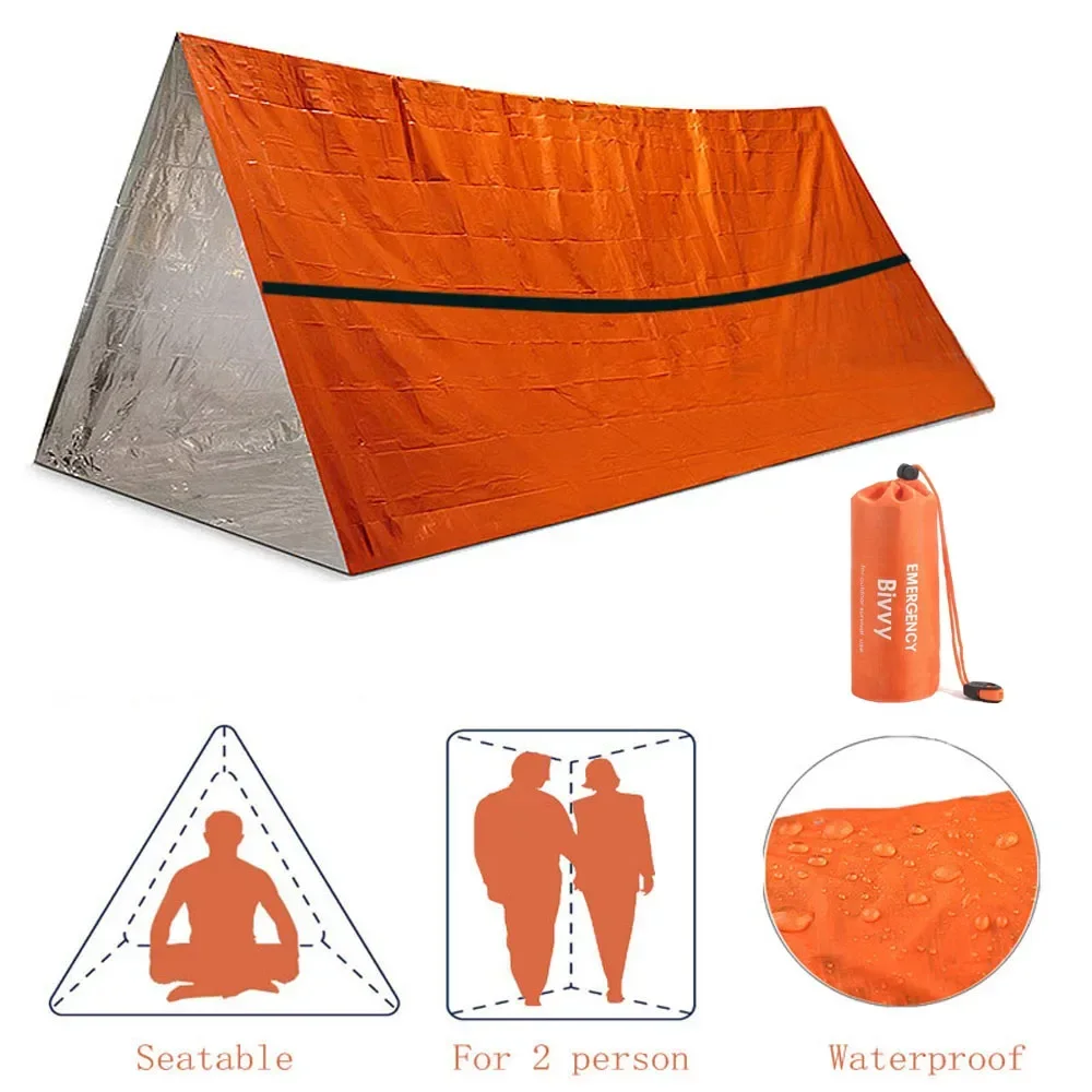 

Двухместная палатка для выживания в экстренных ситуациях в комплекте, майларная трубка спальный мешок для палаток, водонепроницаемая, для использования на открытом воздухе, SOS, термоодеяло, многоразовое