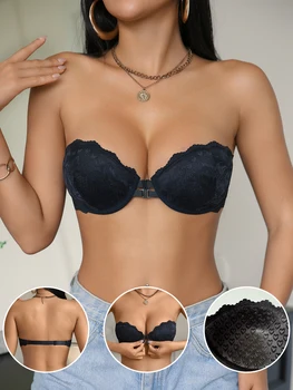 Reggiseno Senza Spalline in Pizzo per Donna, Chiusura Frontale, Push-Up, Antiscivolo, con Ferretto, Lingerie Sexy alla Moda