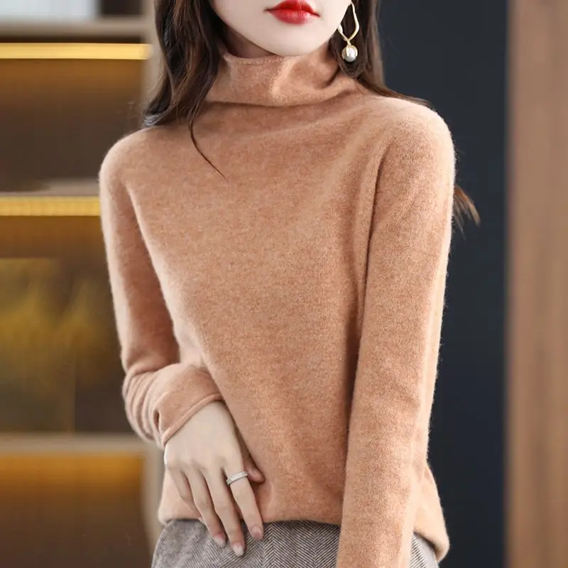 

Stacked Neck Loose Layered Long Sleeve Knitted Sweater for Women's Autumn Winter New Fashion High Neck Solid Color Thin Underlay