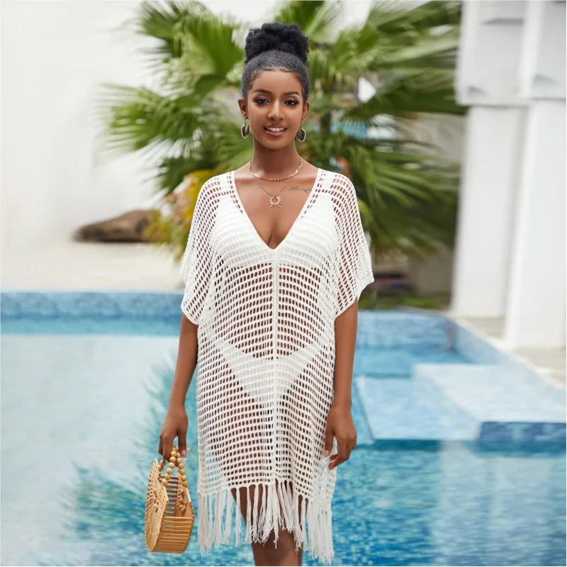 

White Beach Sunscreen Elegant Wrapped Breast Sexy Dress Loose V Neck Hollow Tassel Short Dress 2023 New Holiday Bikini Cover Up