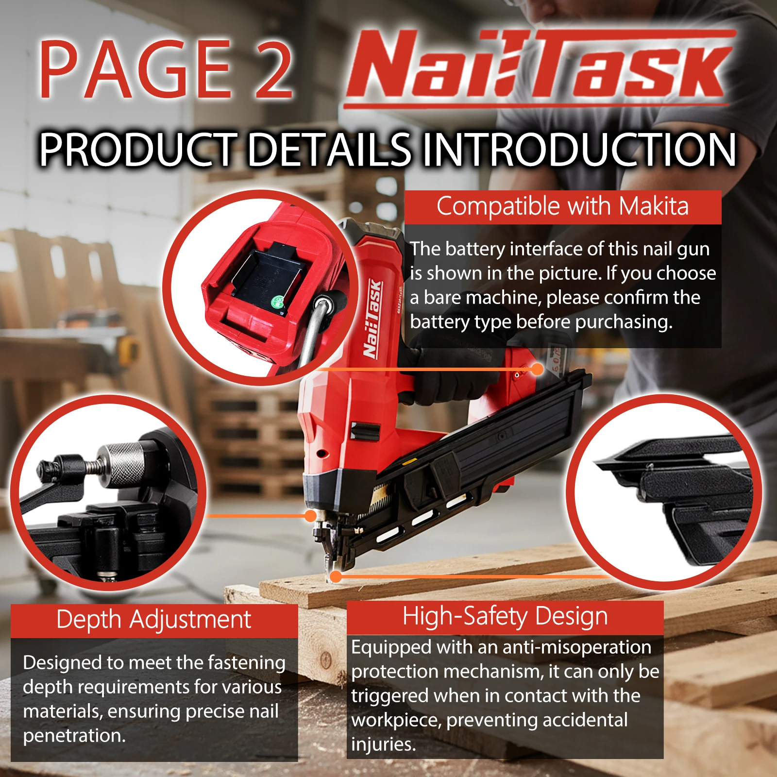 네일태스크 34 ° 무선 브러시리스 전기 스테이플 건(75mm 못 사용) - 가구 목공 도구용