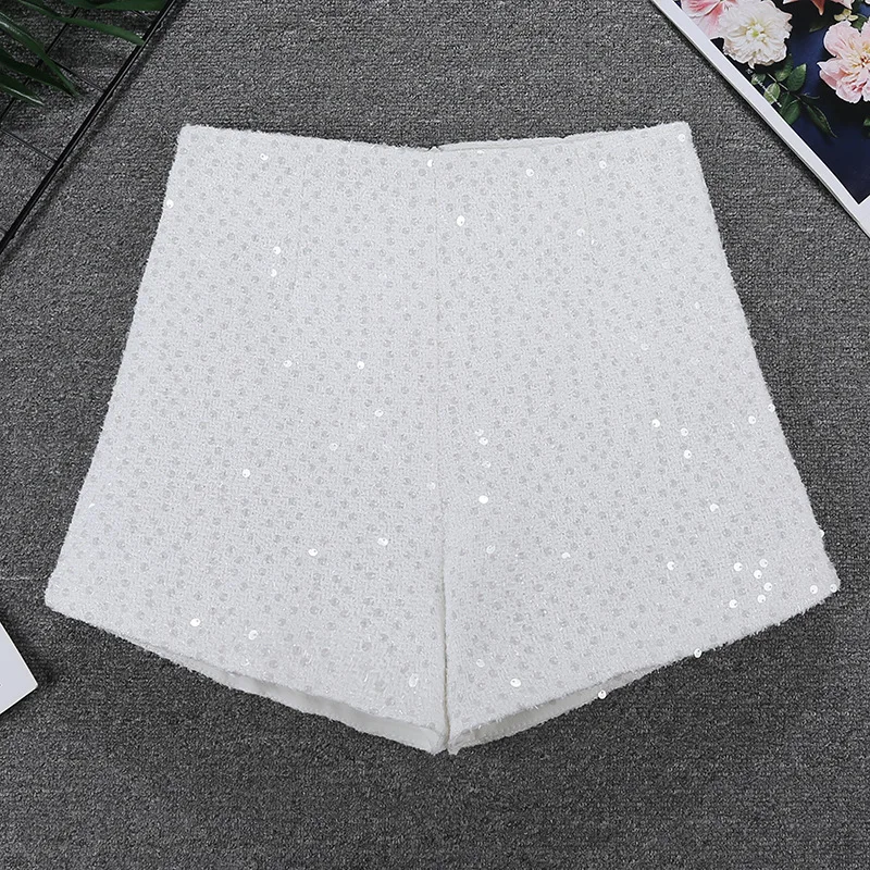Sequin Shorts Women's Winter High Waist Wool Blend A-Line Casual Short Pants