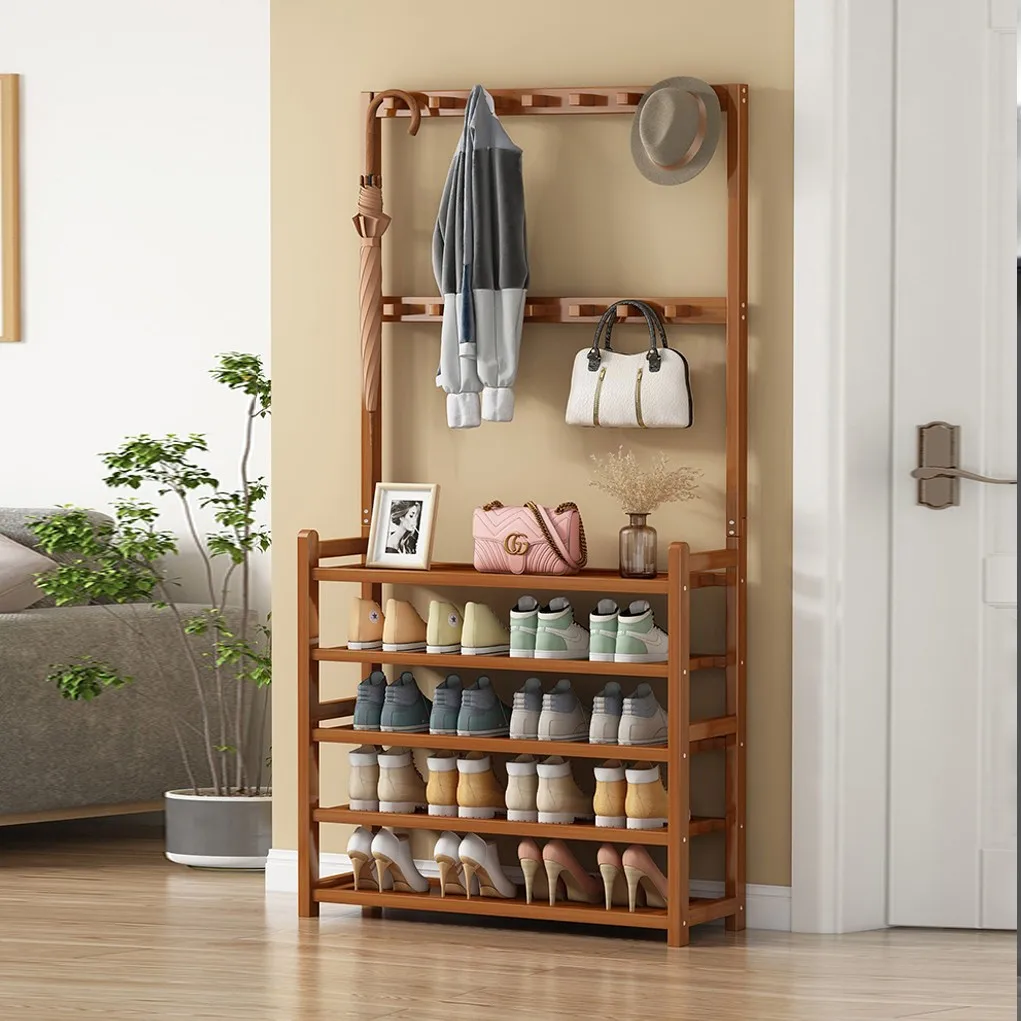185cm Large Wooden 5 Tiers Hall Tree Hat Coat Stand with 8 Hooks Clothes Shoe Rack Hanger Hooks Shelf Storage ﻿