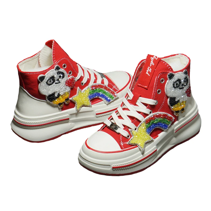 

Hot 2023 New Women Unisex Daily Skateboarding Sneakers Red Platform Leisure Canvas Shoes Handmade Cartoon Rainbow