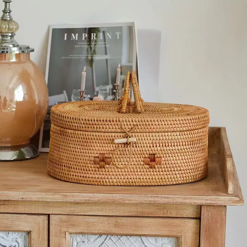 Handwoven Rattan Storage Box with Handle Wicker Ornament Box Tea Set Container Picnic Bread Fruit Cake Basket Kitchen Organizer - Image 2