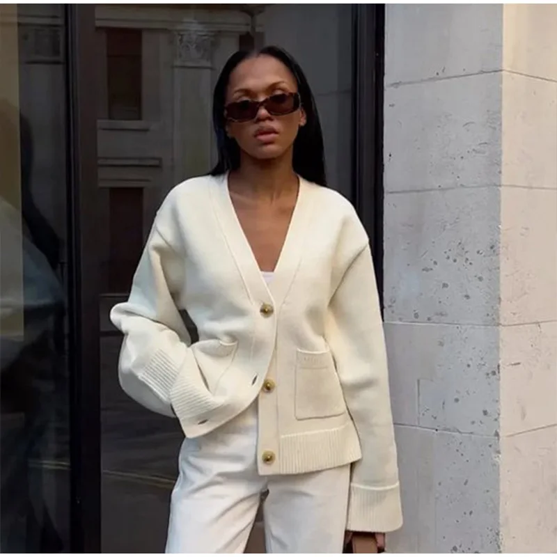 Description Picture 2 of itemVintage Knit Cardigan Women Casual Loose V Neck Big Sleeves Pockets Sweater Female 2024 Autumn Winter Solid Fashion Knitwears