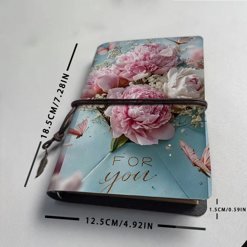 핑크 로맨틱 피오니 꽃 나비 PU 저널 - For You 봉투 프린트 노트북, 깃털 참 장식 끈으로 묶는 디자인, A6 사이즈