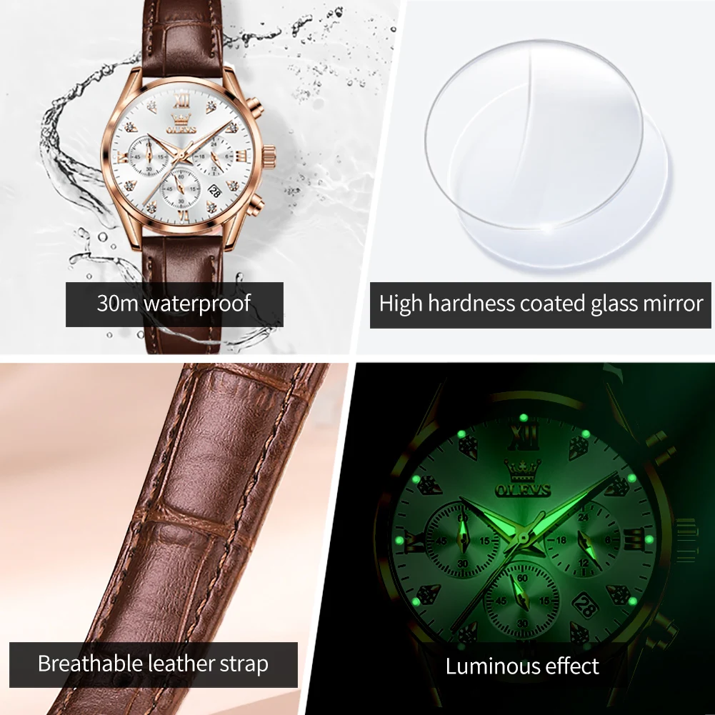 OLEVS Luxury Watch for Women Quartz Leather Strap Women Watches Multi-functional Dial Waterproof Luminous Chronograph Wristwatch