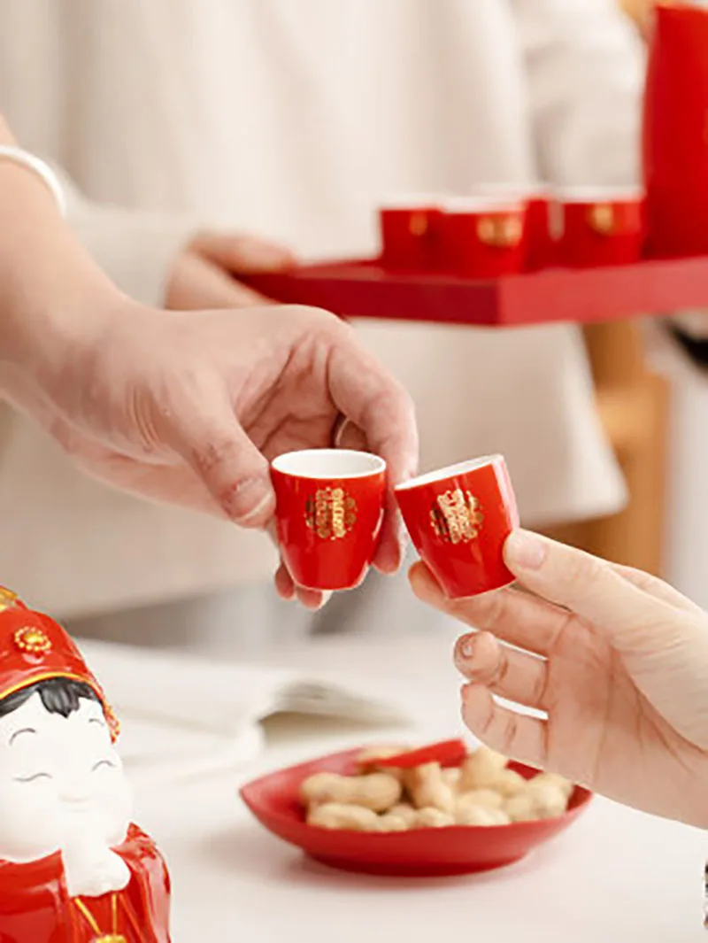 Red Chinese Style Traditional Wedding Celebration Wine Set, Luxury Ceramic Gift, Cross-Cupped Wine, Bar, Hotel, Coffee Pot and C