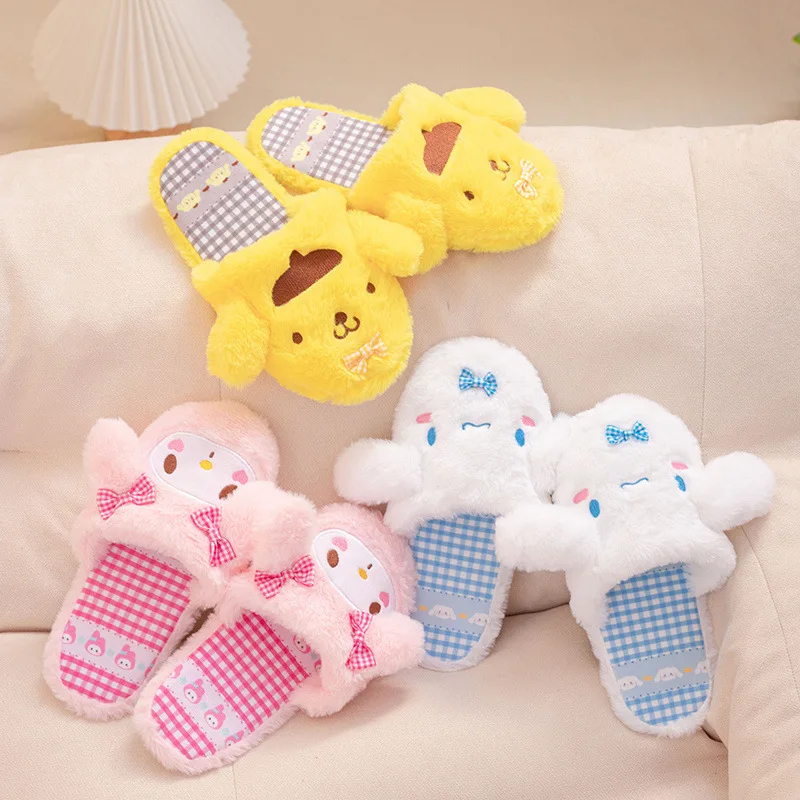 

Kawaii Sanrios Kuromi My Melody Winter Warm Plush Slippers Shoes Cartoon Anime Cinnamoroll Pom Pom Purin Cotton-Padded Shoes