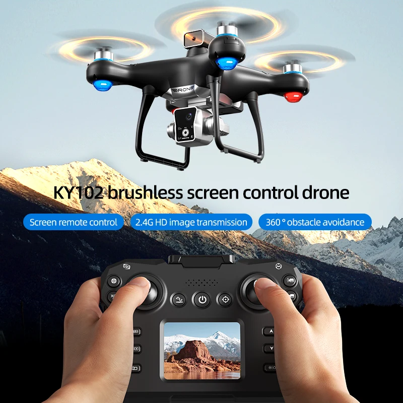 Drone KY102 8K avec double caméra GPS posé sur une surface rocheuse, prêt à décoller
