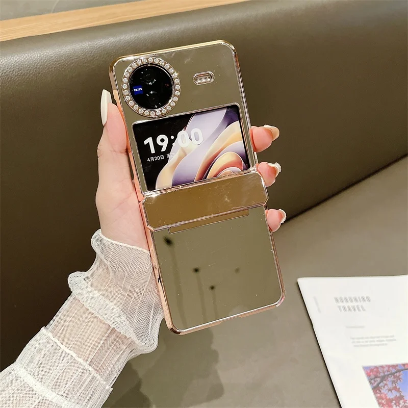 Electroplated Mirror Makeup Phone Case For VIVO X Flip Hard PC Back Cover For VIVO X Flip Camera Belt Drill Case Shell