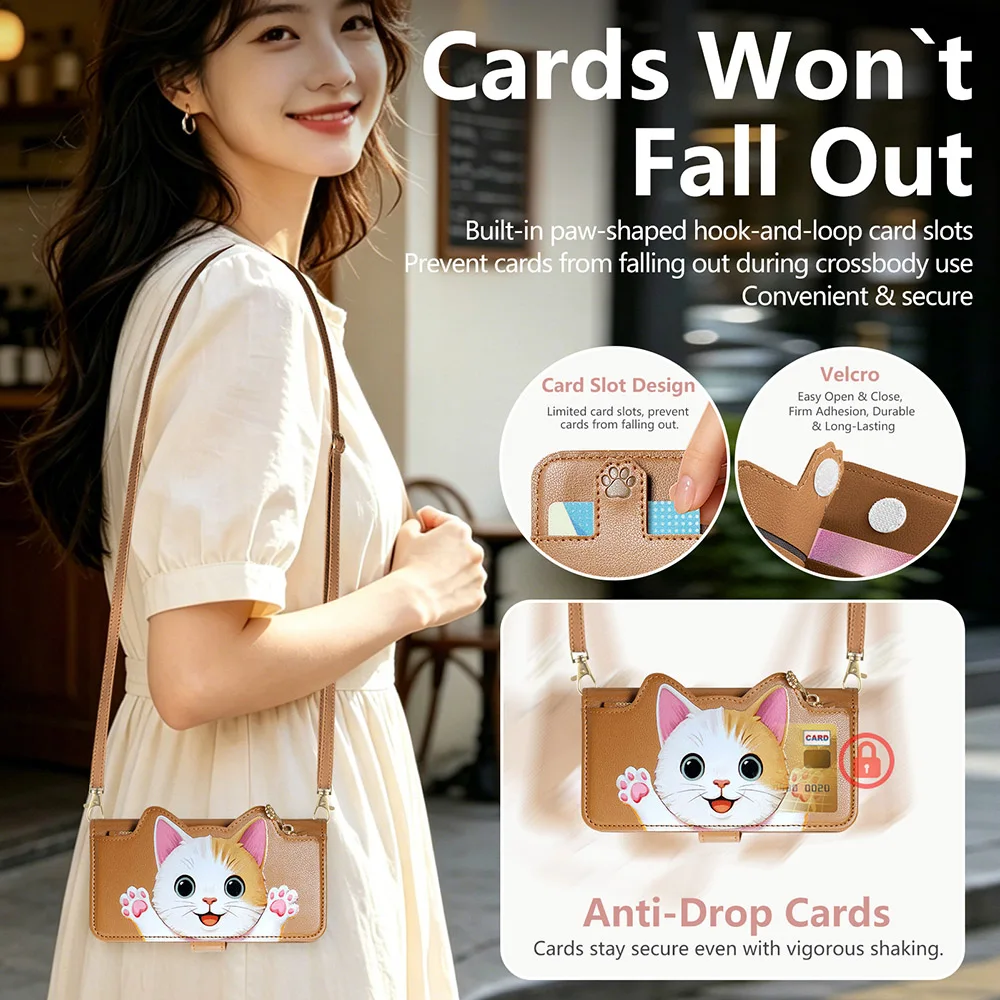 Adorable Cat Crossbody Lanyard Strap Wallet Phone Case Cover