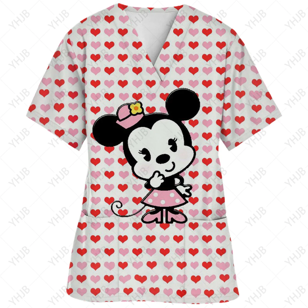 thumbnail image 1 of Uniforme de enfermera de verano con estampado de Mickey Mouse de Disney, ropa de trabajo para dentistas, salones de belleza y tiendas de mascotas, camisetas con cuello en V y bolsillos, 1 of 5