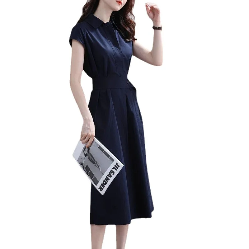 Abito Camicia Elegante e Alla Moda con Design Francese, Vita Stretta, Stile Femminile, Lunghezza Midi, Linea A, in Poliestere, Manica Corta, Colletto a Polo - immagine 5