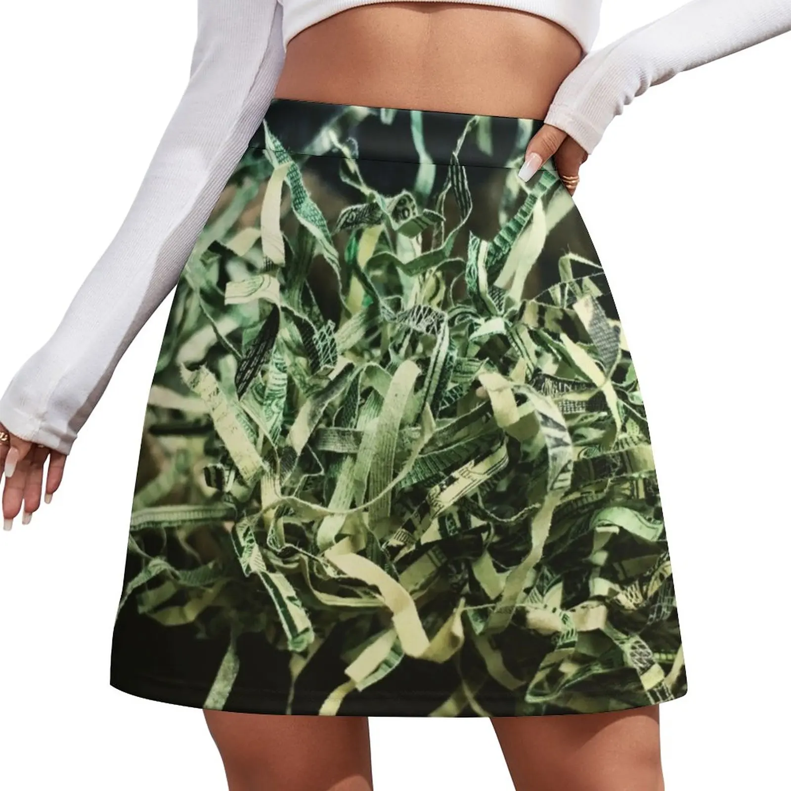

Измельченная мини-юбка с отделкой денег и деревьев-доу, женская летняя юбка