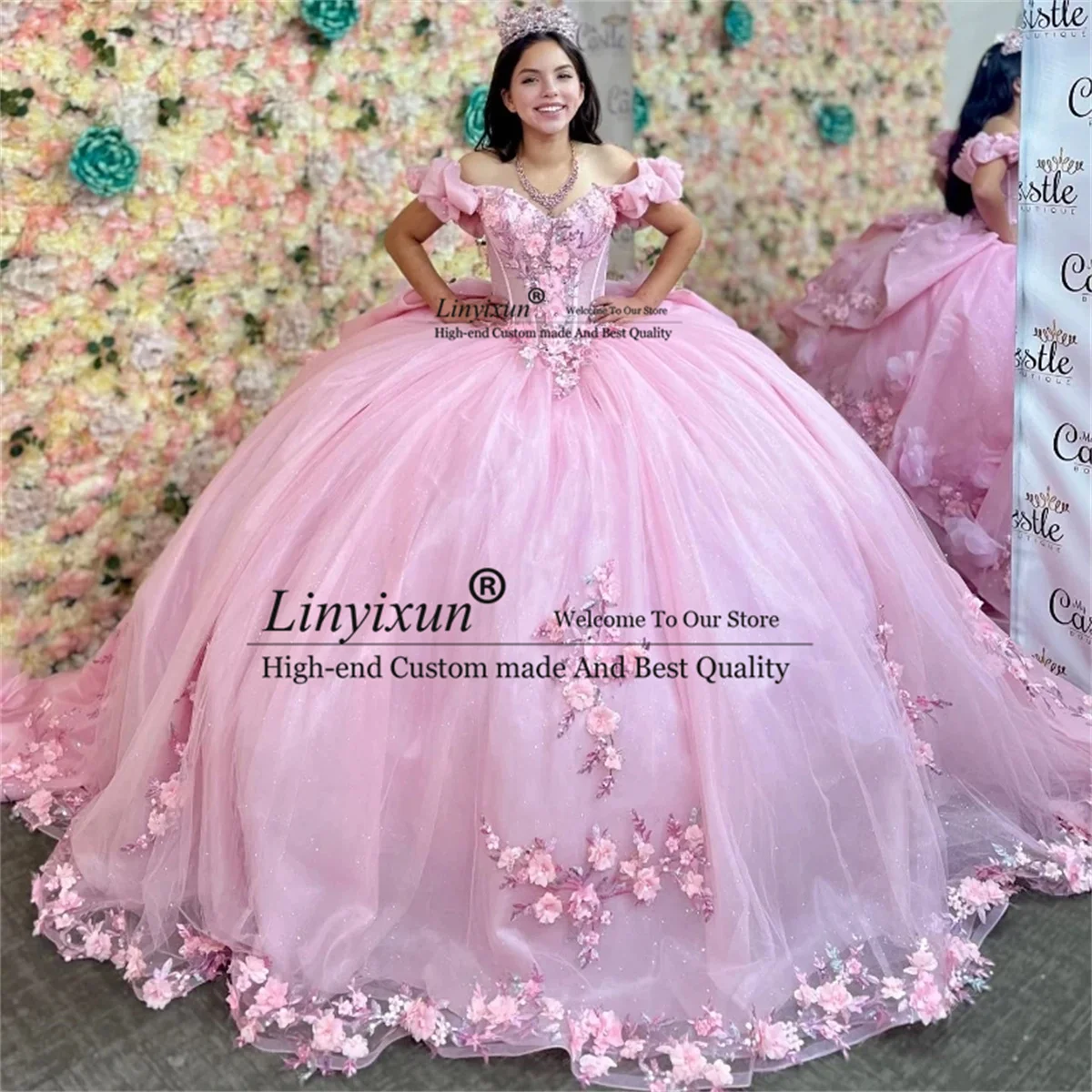 

Платье Quinceanera розовое с открытыми плечами, мексиканское официальное элегантное милое платье принцессы с 3D цветами, на шнуровке, для дня рождения, 16, 15