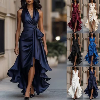 Women Luxury Halter Satin Evening Dresses V Neck Wrap Waist Ruffle Slit Asymmetrical Hem Formal Party Dress Multi Color
