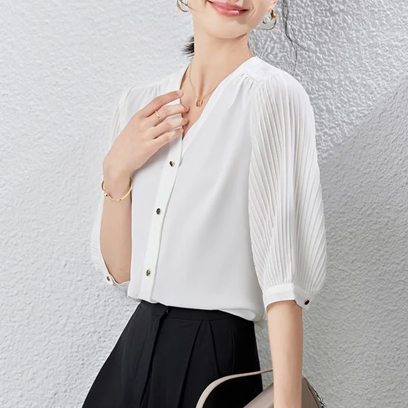 2024 New Summer Simplicity Office Lady Retro Elegant Fashion Women's Shirt Solid Color Lace Button V Neck 3/4 Sleeve Chic Tops fashion high quality simplicity women retro genuine leather belts vintage goldenl buckle elegant straps jeans waistband 55001