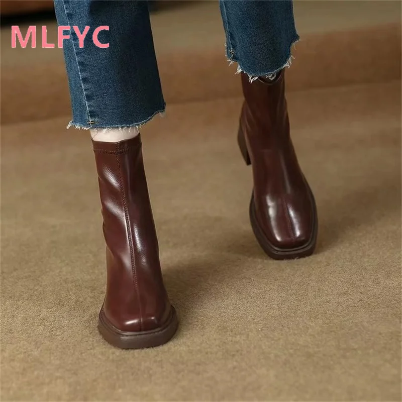 Retro Back Zipper Brown Thick Heel Short Boots Women's Spring and Autumn Single Boots Winter New Elastic Boots
