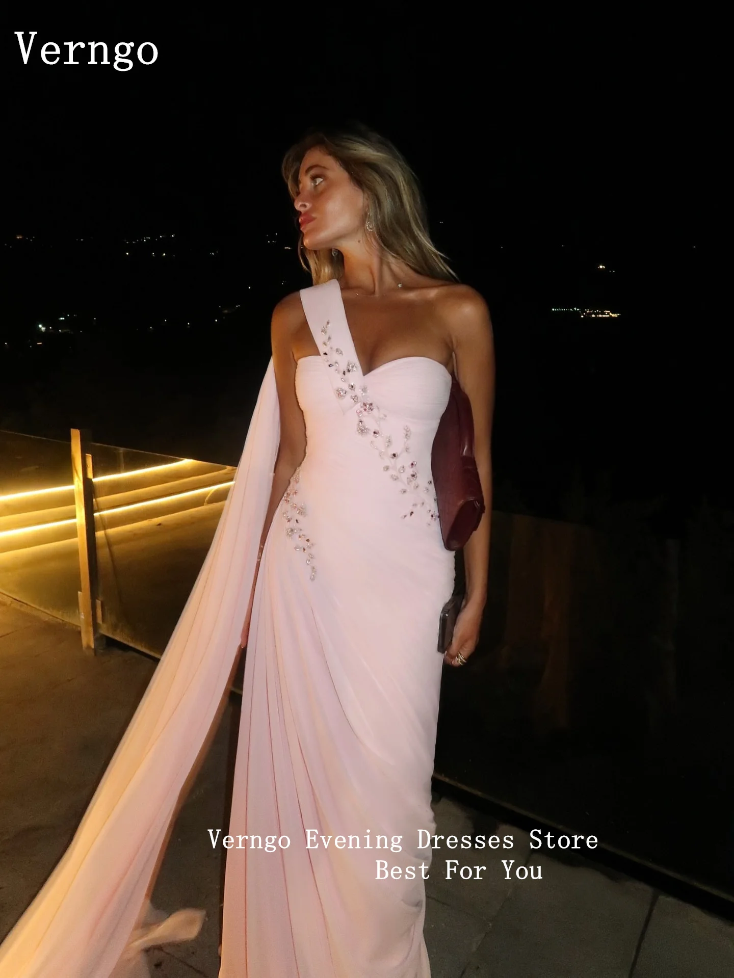 Verngo Pink Shiny Beading Formal Occasion Dresses One Shoulder A Line Prom Gowns Modest Arabic Evening Dress Customized 3