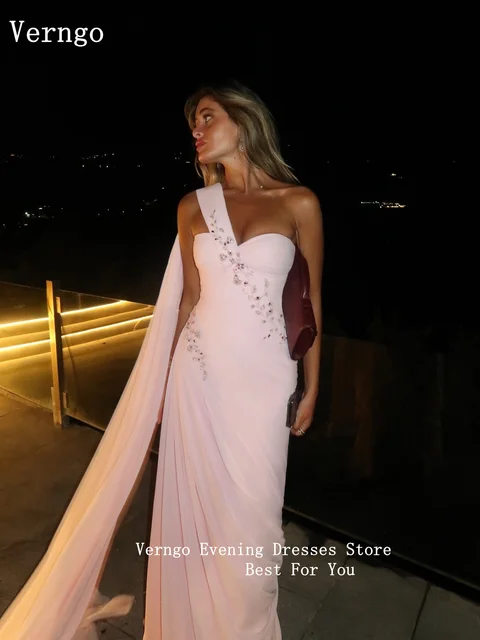 Verngo Pink Shiny Beading Formal Occasion Dresses One Shoulder A Line Prom Gowns Modest Arabic Evening Dress Customized 3